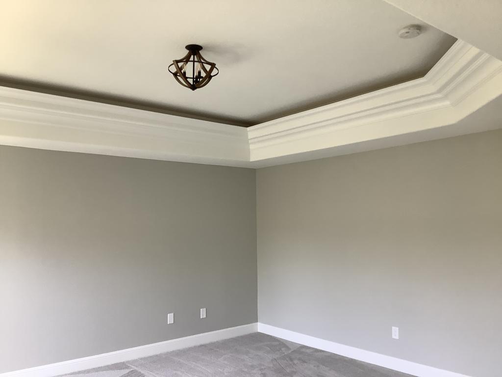 An empty room with gray walls, white crown molding, and a simple chandelier on the ceiling.